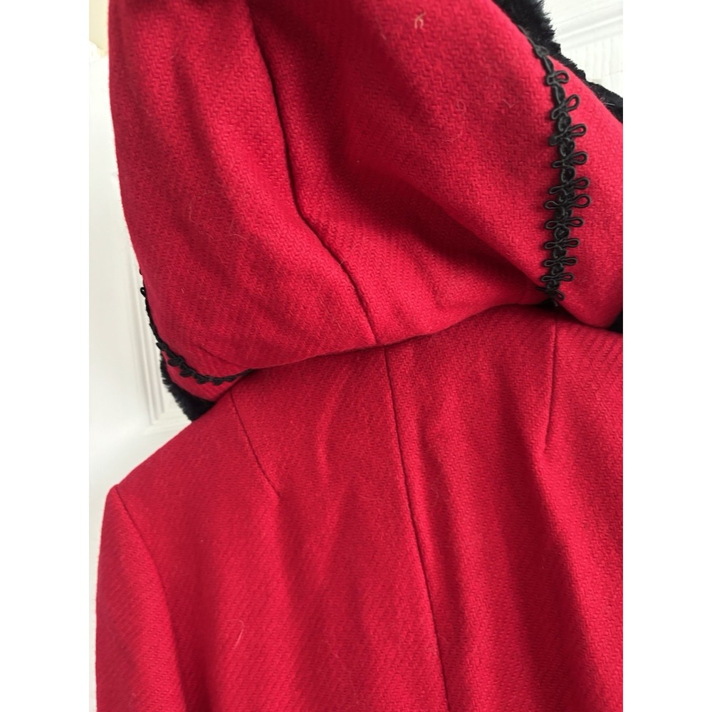 Vintage 1960s Red Princess Coat Wool Black Faux Fur Trim Hoood Long Sz S A-Line - Picture 16 of 16